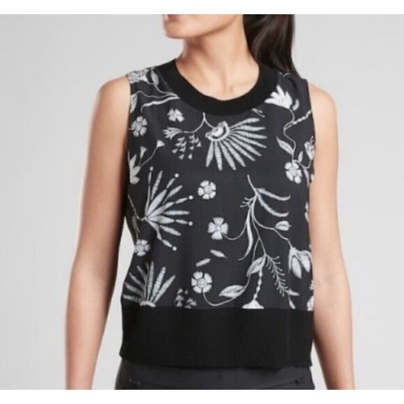 Althleta Sz S Black Floral Print Ribbed Shell Zephyr Tank Top Black UPF 50+ - Picture 3 of 10